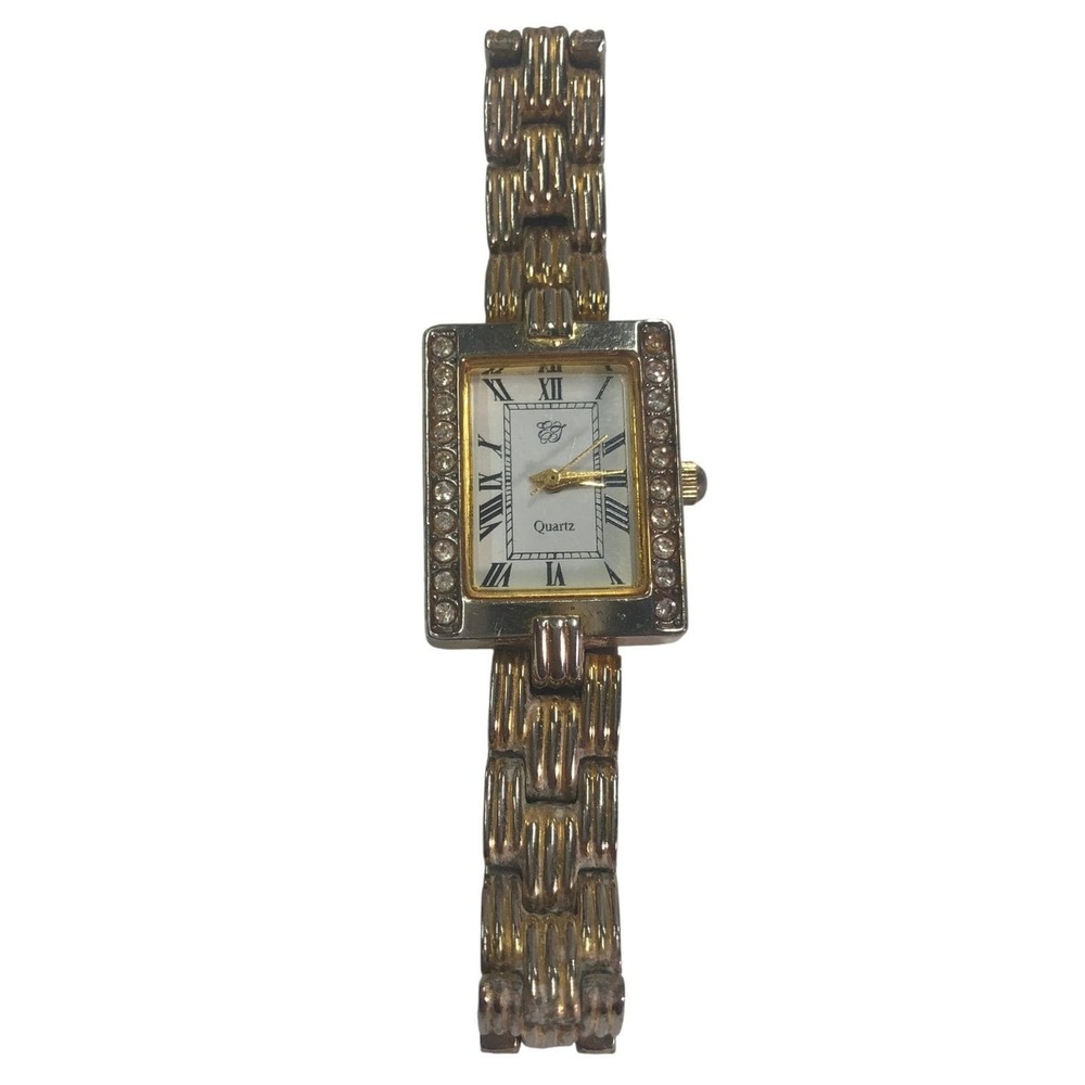 Vintage ET Quartz Watch Two Tone Gold Silver Rhinestone Roman Numeral Bracelet